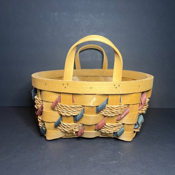 VTG Matching Set of 2 Tan, Red & Blue Roped Twisted Wicker Baskets w/ Handles - Picture 3 of 12